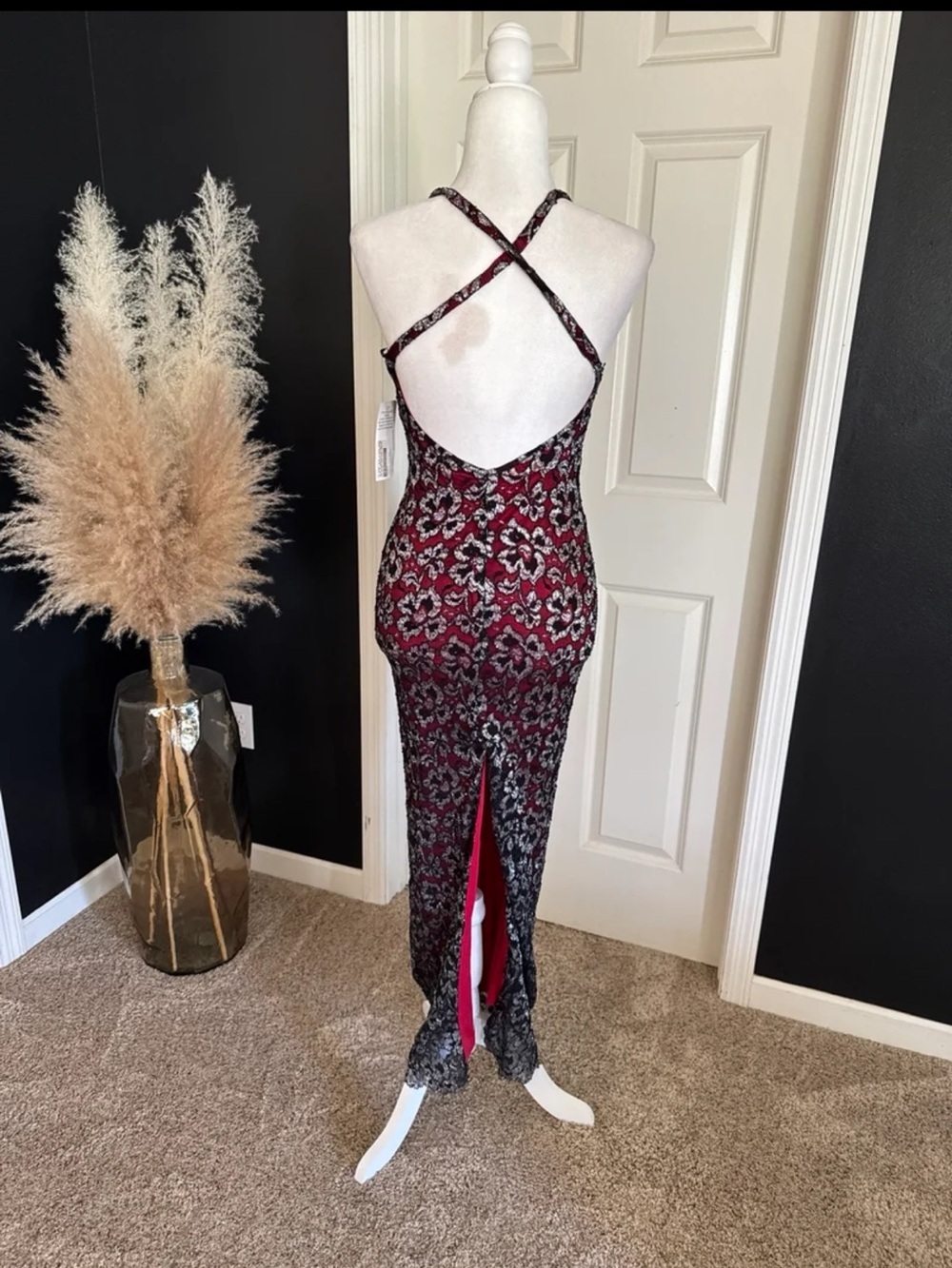 NWT Vintage Carabella RED/BLACK Silver Shimmer Floral Evening Gown size SMALL - Picture 5 of 12